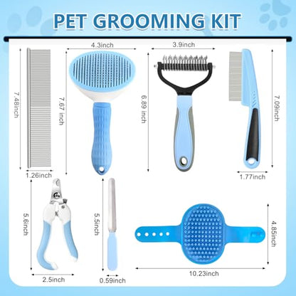 Dog Brush Dog Grooming Kit 7PCS Dog Brush for Shedding-Dog Brushes for Grooming, Dematting Comb for Dogs, Cat Nail Clipper with Nail File, Flea Comb, Pet Comb, Pet Bath Brush-Blue - size: 7PCS+Bag