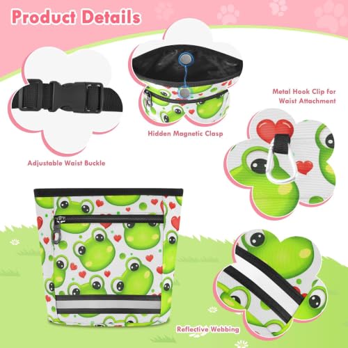 Frog Water-Resistant Dog Treat Pouch, 3 Ways to Wear Treat Bag with Magnetic Closure & Reflective Strip, Hands-Free for Pet Training, Walking