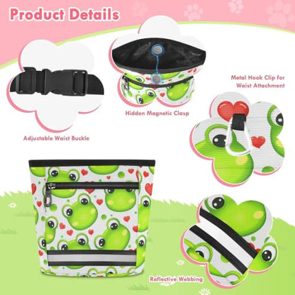 Frog Water-Resistant Dog Treat Pouch, 3 Ways to Wear Treat Bag with Magnetic Closure & Reflective Strip, Hands-Free for Pet Training, Walking