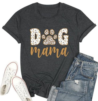 YHHR Mama Shirt Dog Mom Shirt Funny Dog Paw Graphic Letter Tee Shirts with Pockets Pets Lover Short Sleeve Tops - color: Darkgrey, size: Small
