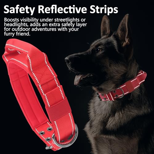 Tactical Dog Collar with Control Handle, Military Adjustable Pet Collar Reflective Heavy Metal Buckle Dog Collar, Soft Nylon Training Collar for Medium Large Dogs (Red, Medium) - color: Red, size: Medium