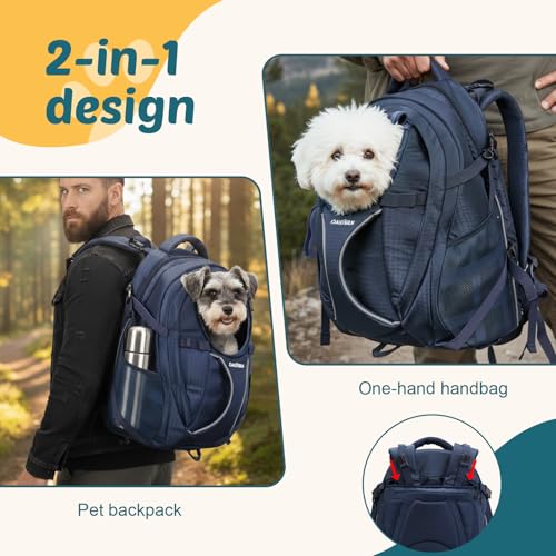 Dog Backpack Carrier for Hiking, Pet Travel Bag up to 18 lbs, 2-in-1 Foldable Cat Backpack with Laptop Compartment, Reinforced Ventilated 600D Nylon Rucksack for Walking Camping Commuting - color: Navy Blue
