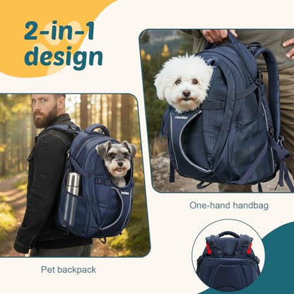 Dog Backpack Carrier for Hiking, Pet Travel Bag up to 18 lbs, 2-in-1 Foldable Cat Backpack with Laptop Compartment, Reinforced Ventilated 600D Nylon Rucksack for Walking Camping Commuting - color: Navy Blue