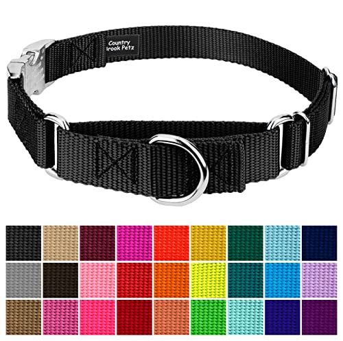 Country Brook Petz - Martingale Dog Collar - Heavy Duty Nylon Adjustable Martingale Dog Collar with Premium Buckle for Small Medium Large Breeds (1 Inch, Medium, Black) - color: Black, size: Medium (Pack of 1)