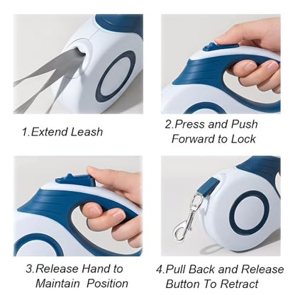 360° Tangle-Free Retractable Dog Leash, 16ft Strong Nylon Tape, Anti-Slip Rubber Handle, One-Handed Brake Pause Lock, for Small to Medium Dogs Up to 55 lbs, (Blue White)