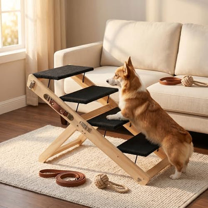 2-in-1 Dog Stairs Ramp – Foldable Pet Steps for Small Dogs | Collapsible Wooden Pet Ramp, 4 Adjustable Heights, Non-Slip High Traction Fabric Surface, Portable Solid Pine Wood Steps - size: X Trumpet