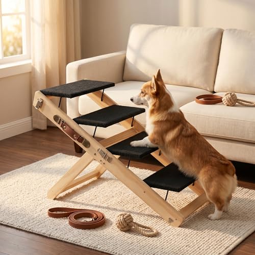 2-in-1 Dog Stairs Ramp – Foldable Pet Steps for Small Dogs | Collapsible Wooden Pet Ramp, 4 Adjustable Heights, Non-Slip High Traction Fabric Surface, Portable Solid Pine Wood Steps - size: X Trumpet