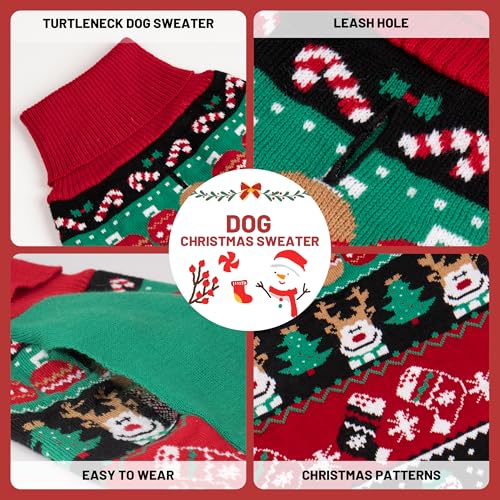 cyeollo Dog Christmas Sweater, Turtleneck Knitted Sweaters with Leash Hole Soft Pullover Clothes, Warm Dog Outfit Xmas Clothes for Small Dog & Cat, S - color: Christmas Reindeer, size: Small