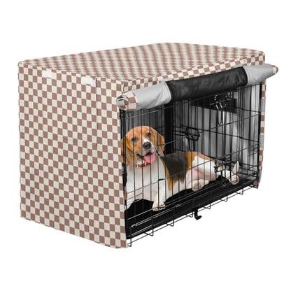 Dog Crates Covers Taupe Plaid Checkered Pet Kennel Cover Rollers Shades - size: S--30 x 19 x 21 inches