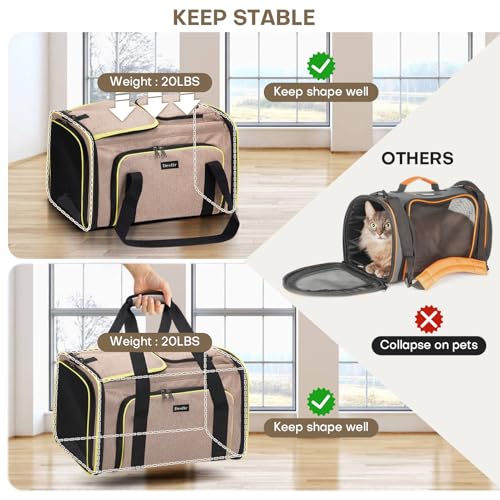 Pet Carrier, Large Soft Sided Expandable Travel Carrier with Steel Frame, Anti-Scratch Mesh, Removable Fleece Pad and Pockets for Cats, Dogs and Small Animals up to 15 lbs (Brown, 4 Sides Expandable)
