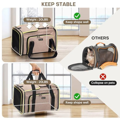 Pet Carrier, Large Soft Sided Expandable Travel Carrier with Steel Frame, Anti-Scratch Mesh, Removable Fleece Pad and Pockets for Cats, Dogs and Small Animals up to 15 lbs (Brown, 4 Sides Expandable)