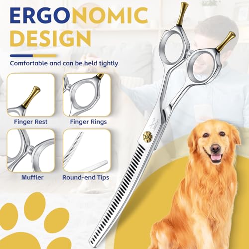 JASON Dog Shears for Grooming - 7" Up-curved Thinning Scissors with 55%-60% Thinning Rate, Japanese 440C Stainless Steel Dog Grooming Blenders with Adjustable Screw (35 Teeth, Silver) Christmas Gift - style: Up-curved Chunkers01