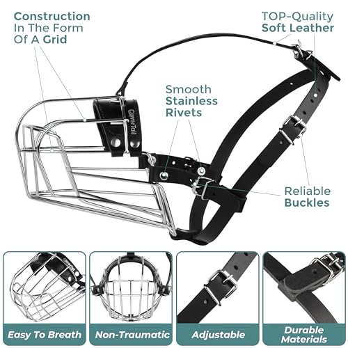 Metal Husky Muzzle for Large Sized Dog – Basket Muzzle for Dogs with Adjustable Leather Straps – Steel Cage Dog Muzzle to Prevent Biting and Eating – Mouth Guard for Large and Medium Dogs