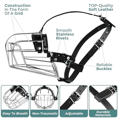 Metal Husky Muzzle for Large Sized Dog – Basket Muzzle for Dogs with Adjustable Leather Straps – Steel Cage Dog Muzzle to Prevent Biting and Eating – Mouth Guard for Large and Medium Dogs