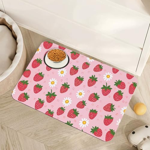 Cute Strawberry Flower Dog Cat Food Mat,Pink Absorbent Pet Feeding Mat with Rubber Backing,Non-Slip Water Bowl Placemat,Indoor Pet Accessories Supplies 12"x20" - color: Cute Strawberry Flower Pink, size: 20"L x 12"W