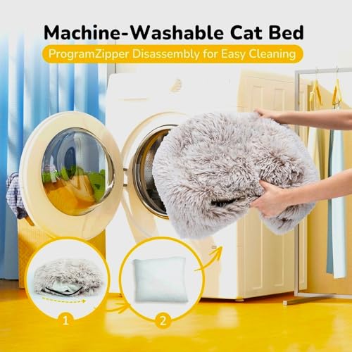 CATISM Cat Bed, Cat Cave for Indoor Cats, Soft Cat Dome, Self-Warming 2 in 1 Foldable Pet Cat House with Washable Cushioned Pillow Calming Fluffy Dog Beds for Small Dogs with Anti-Slip Bottom Brown - color: Brown