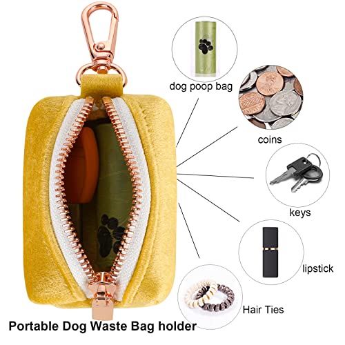 ARING PET Dog Poop Bag Holder, Velvet Doggy Waste Bag Dispenser Attach to Any Leashes, Portable Washable Pet Waste Pouch Dispenser with Metal Zipper - color: A:Deep yellow