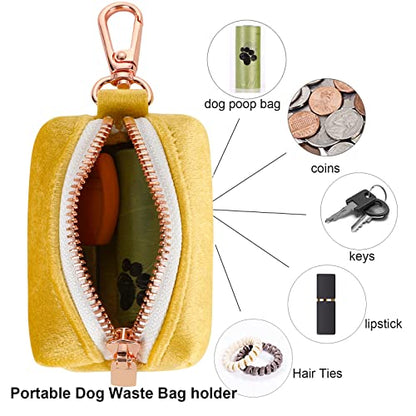 ARING PET Dog Poop Bag Holder, Velvet Doggy Waste Bag Dispenser Attach to Any Leashes, Portable Washable Pet Waste Pouch Dispenser with Metal Zipper - color: A:Deep yellow