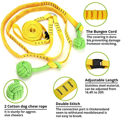 Dog Hanging Bungee Tug Toy for Two Dogs: Interactive Tether Tug-of-War for Pitbull Small to Large Dogs to Exercise - Durable Retractable Tugger Dog Rope Toy with 2 Chew Rope Toys - size: X-Large-Yellow-for 2 Dogs