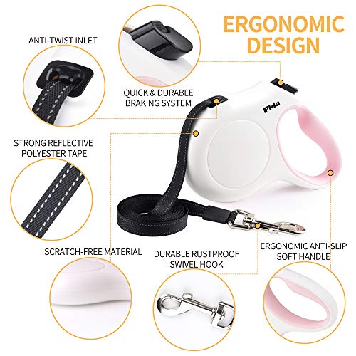 Fida Retractable Dog Leash for Small Breed up to 26 lbs, 16 ft Pet Walking Leash with Dispenser and Poop Bags, Anti-Slip Handle, Reflective Strong Nylon Tape, One-Handed Brake (S, White & Pink) - color: White, size: Small, 16ft