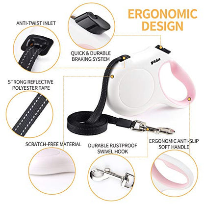 Fida Retractable Dog Leash for Small Breed up to 26 lbs, 16 ft Pet Walking Leash with Dispenser and Poop Bags, Anti-Slip Handle, Reflective Strong Nylon Tape, One-Handed Brake (S, White & Pink) - color: White, size: Small, 16ft