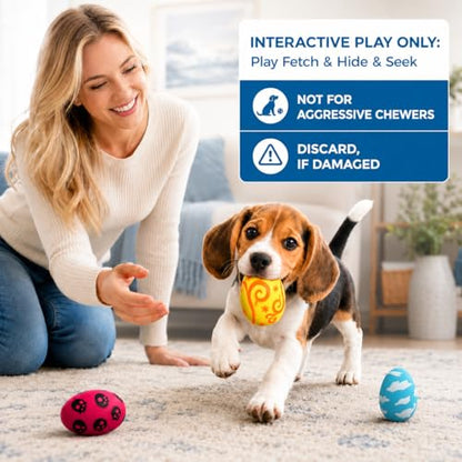 SunGrow Squeak Balls for Dogs, Companion for Puppies and Small Breeds, 3 Assorted Easter Egg Designs, Indoor, Outdoor Interactive Throw and Fetch Orbs, Soft Rubber, Blue, Pink and Yellow, 2.5x1.5