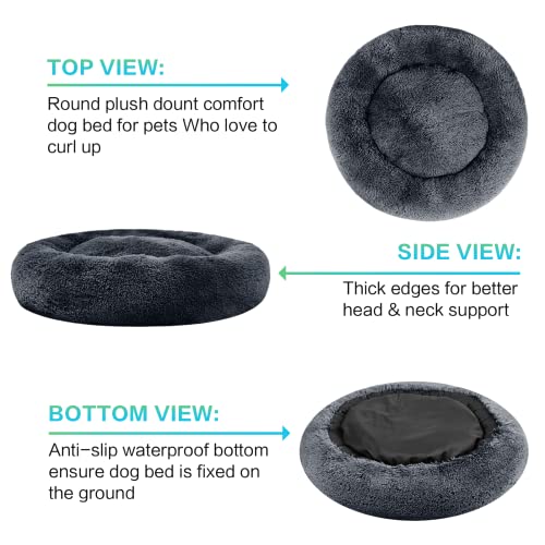 SAVFOX 45 inches Calming Donut Dog Bed - 3X Durable Plush Faux Fur, Machine Washable & Non-Slip, Fits up to 150 lbs, Dark Grey - color: Dark Grey, size: X-Large | 45"x45"