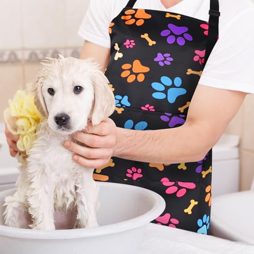 Dog Grooming Waterproof Apron with 2 Pockets, Cute Animals Puppy Dog Pets Apron - style: Colorful Dog Paws and Bones
