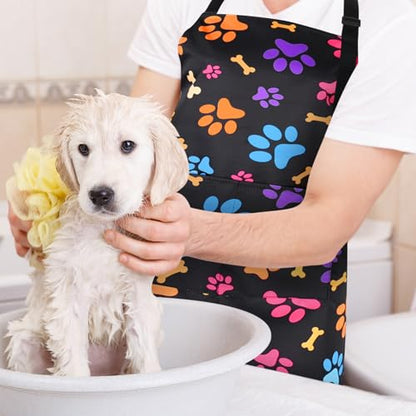 Dog Grooming Waterproof Apron with 2 Pockets, Cute Animals Puppy Dog Pets Apron - style: Colorful Dog Paws and Bones
