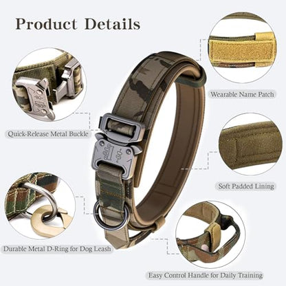 Tactical Dog Collar and Leash Set Adjustable Military Nylon Dog Collar with Control Handle and Heavy Duty Metal Buckle for Large Dogs（Camo S - color: Camo SET(collar+leash), size: Small (Pack of 1)
