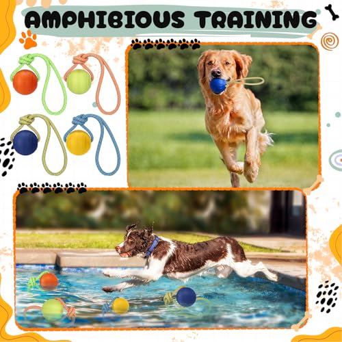 Skylety 4 Pack Floating Dog Toy with Rope Handle EVA Dog Bumper Throw Stick for Water Training Fetch Retrieving High Visibility Pool Water Toy for Beach Diving Pool Yard Summer Outdoor Play, Ball - style: Ball