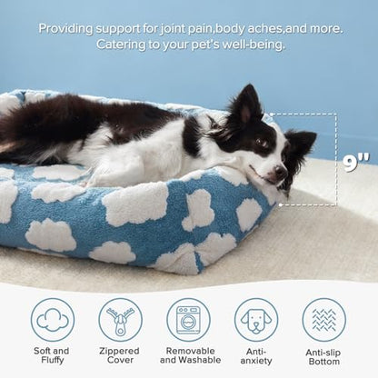 JOEJOY XL Dog Beds Large Sized Dog, Rectangle Washable Orthopedic Pet Bed with Removable Zipper Cover, Cute Soft Calming Puppy Pet Bed with Jacquard Shaggy Plush & Non Skid Bottom - color: Cozy Clouds Blue, size: XL (42"x36"x9")