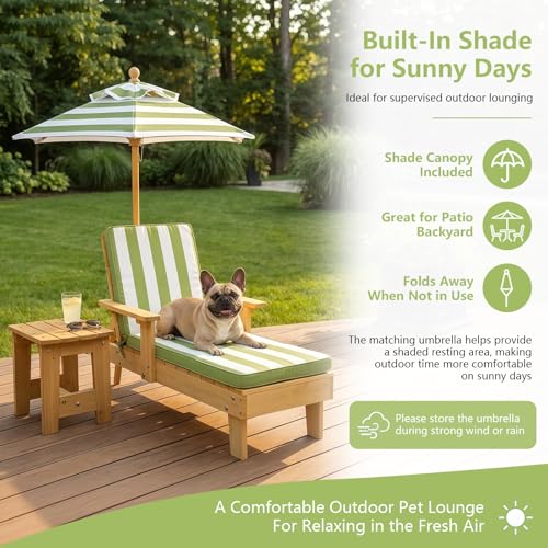 Dog Lounge Chair with Umbrella, Outdoor Elevated Dog Bed with Canopy and Removable Cushion, Pet Lounger with Side Table, Outdoor Dog Furniture for Backyard, Patio, Pool and Beach (Green)