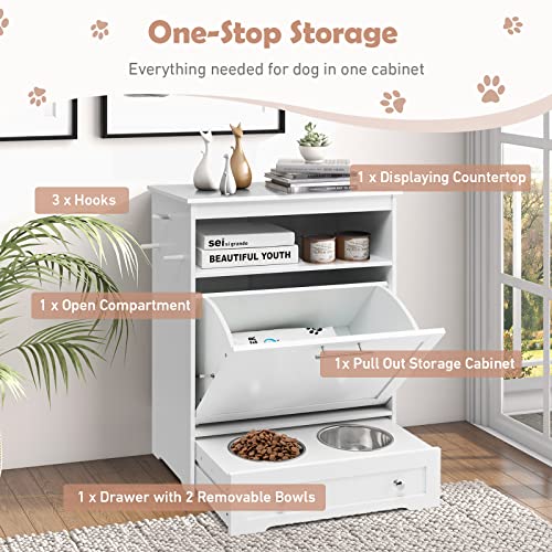 Dog Feeding Station, Dog Food Storage Cabinet w/Double Raised Dog Bowls, Pull Out Design, Large Dog Feeder Station Container for Pets Toy, Feeding & Watering Supplies (White) - color: White
