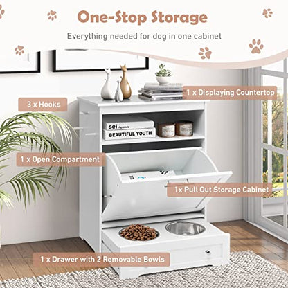 Dog Feeding Station, Dog Food Storage Cabinet w/Double Raised Dog Bowls, Pull Out Design, Large Dog Feeder Station Container for Pets Toy, Feeding & Watering Supplies (White) - color: White