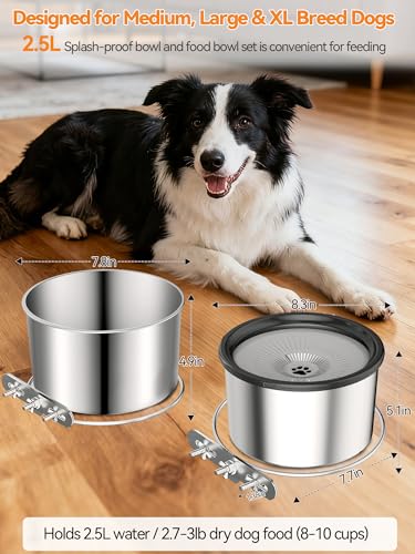 2 Pcs No Spill Dog Water Bowl for Crate, 2.5L Stainless Steel Hanging Kennel Bowls with Adjustable Height, Anti-Splash Water & Food Bowl Set for Cage Kennel Crate, Medium Large Dogs (Black) - color: Black