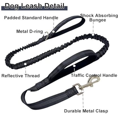 5FT Bungee Dog Leash with 2 Handles, Reflective Nylon Traffic Leash | Shock Absorbing Lead Strong for Large Medium Dogs Anti-Pull Training Walking Controlling Comfortable Padded Handle, Black - color: Black