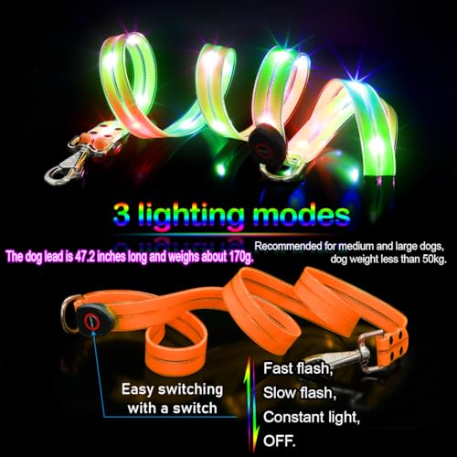 LED Waterproof Pet Dog Leash USB Rechargeable Fashionable Color Glow in the Dark Night Walk Safety Dog Leash for Medium to Large Dogs - color: Orange