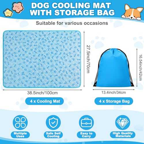 Hahafelt 4 Pack Dog Cooling Mat with Storage Bag 40" x 28" Blue Ice Silk Cooling Mat for Dogs Cats Washable Foldable Pet Sleeping Pad for Crate Bed Indoor and Outdoor Floor