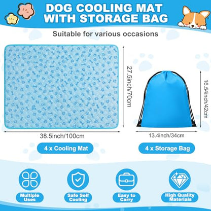 Hahafelt 4 Pack Dog Cooling Mat with Storage Bag 40" x 28" Blue Ice Silk Cooling Mat for Dogs Cats Washable Foldable Pet Sleeping Pad for Crate Bed Indoor and Outdoor Floor
