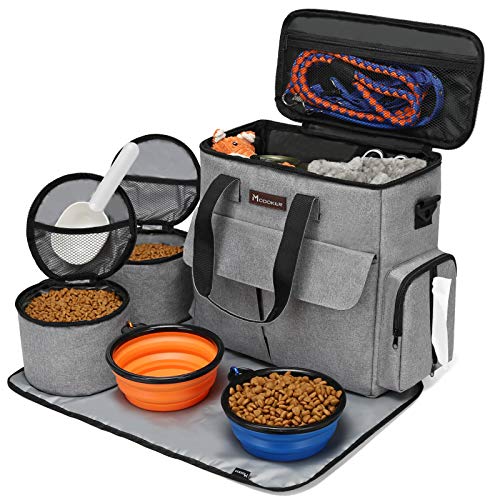 Modoker Dog Travel Bag, Weekend Pet Travel Set for Dog and Cat, Airline Approved Tote Organizer with Multi-Function Pockets, 2 Food Storage Containers, 2 Collapsible Bowls, 1 Feeding Mat (Grey) - color: Ash Grey