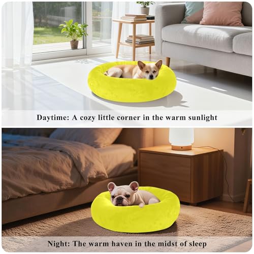 Sunny Yellow Solid Color Calming Dog Bed for Cats & Small Medium Dogs, Washable Plush Round Donut Pet Bed with Soft Raised Rim, 20 inches Warm Anti-Slip Cushio - size: 20 inch