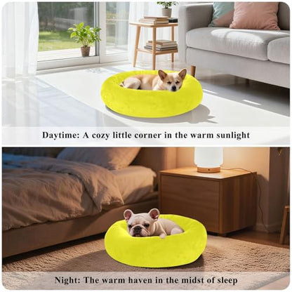 Sunny Yellow Solid Color Calming Dog Bed for Cats & Small Medium Dogs, Washable Plush Round Donut Pet Bed with Soft Raised Rim, 20 inches Warm Anti-Slip Cushio - size: 20 inch