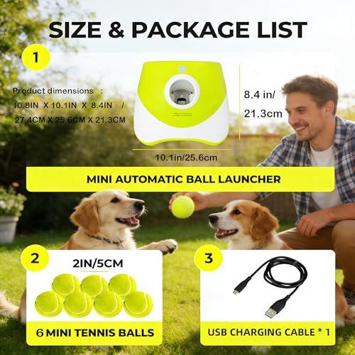 OYE Dog Ball Launcher, Automatic Balls Thrower with 6 Balls for Dog, 2 Tennis Balls Throwing Machine with 10-30 ft Throw Distance, Interactive Pet Toys for Small and Medium Dogs (Green)