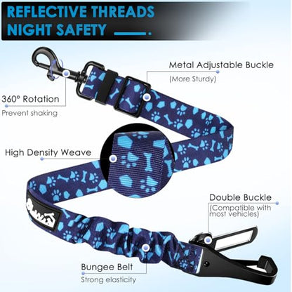 Lukovee Dog Seatbelt Leash for Cars, 2 Pack Pet Safety Car Seat Belt with Adjustable Buckle & Reflective Bungee, Connect Dog Harness in Vehicle Car Dogs Restraint Travel Daily Use (Blue Paw) - color: C-Blue Paw