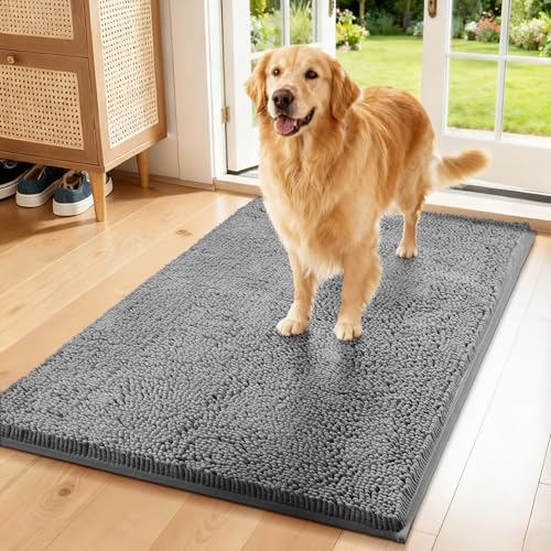 Chenille Absorbent Front Door Mat 72" x 36", Dog Door Mat for Muddy Paws, Trap Dirt Doormat, Mud Mat for Dogs, Washable Non Slip Outdoor Indoor Doormats for Entryway, Light Grey - color: Light Grey, size: 72"L x 36"W x 1"Th