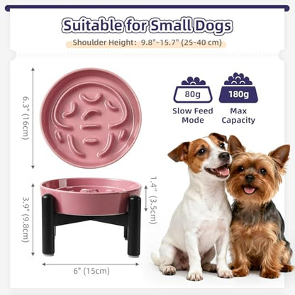 Elevated Slow Feeder Dog Bowl, 0.8 Cups Ceramic Raised Slow Feeder with Stainless Stand, 6.3 Inch Wide Lifted Dog Bowl for Small Breeds to Control Eating Speed, Pink - color: Pink, size: Small with Stand