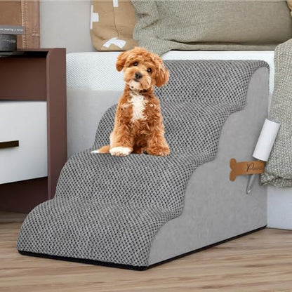 PAWZY Dog Stairs for Bed & Couch, 4-Step Foam Pet Steps 20” High for Small Dogs & Cats up to 60 lbs, Wide Non-Slip Stairs, Waterproof Washable Zipper Cover, No Assembly, Grey - size: 4 Step