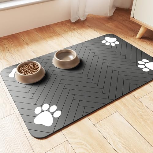 Pet Feeding Mat-Absorbent Pet Placemat for Food and Water Bowl, with Waterproof Rubber Backing, Quick Dry Water Dispenser Mat for Dog and Cat (20"x12", Striped Dark Gray) - color: Dark Gray, size: 20"L x 12"W