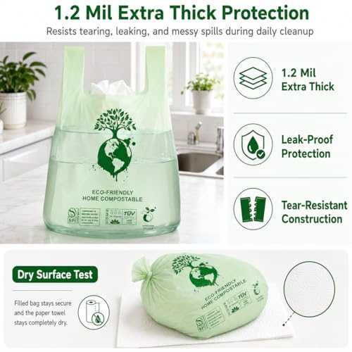 Home Compostable Dog Poop Bags, BPI & OK Compost HOME Certified | 0.6 Gallon, Thick Gusseted Unscented, 80ct, LeakProof T-Shirt Handles for Easy Knotting, Suitable for Small Medium Large Dogs